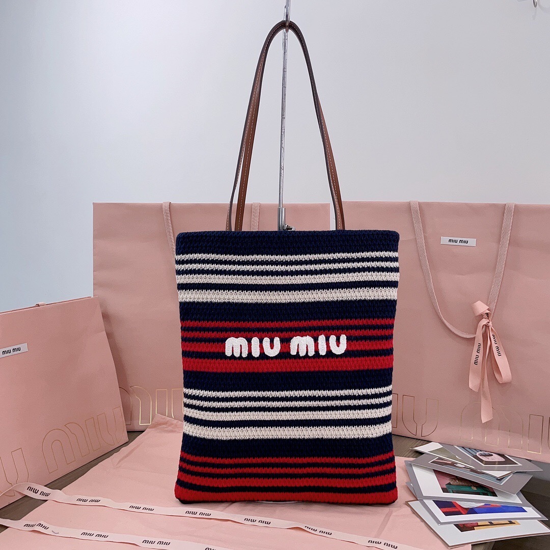 Miu Miu striped crochet tote bag with leather handles