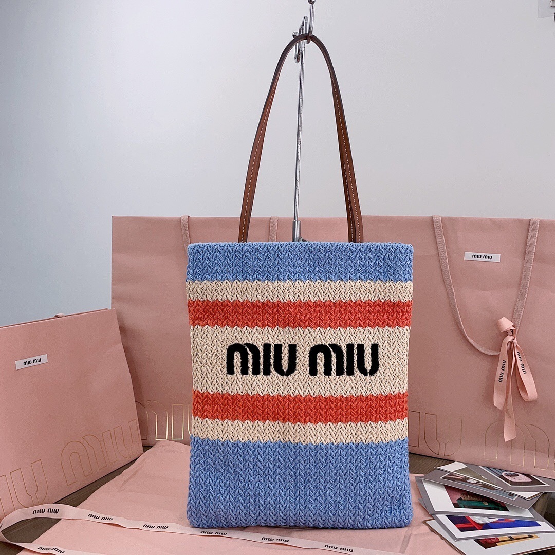 Miu Miu striped crochet tote bag with leather handles