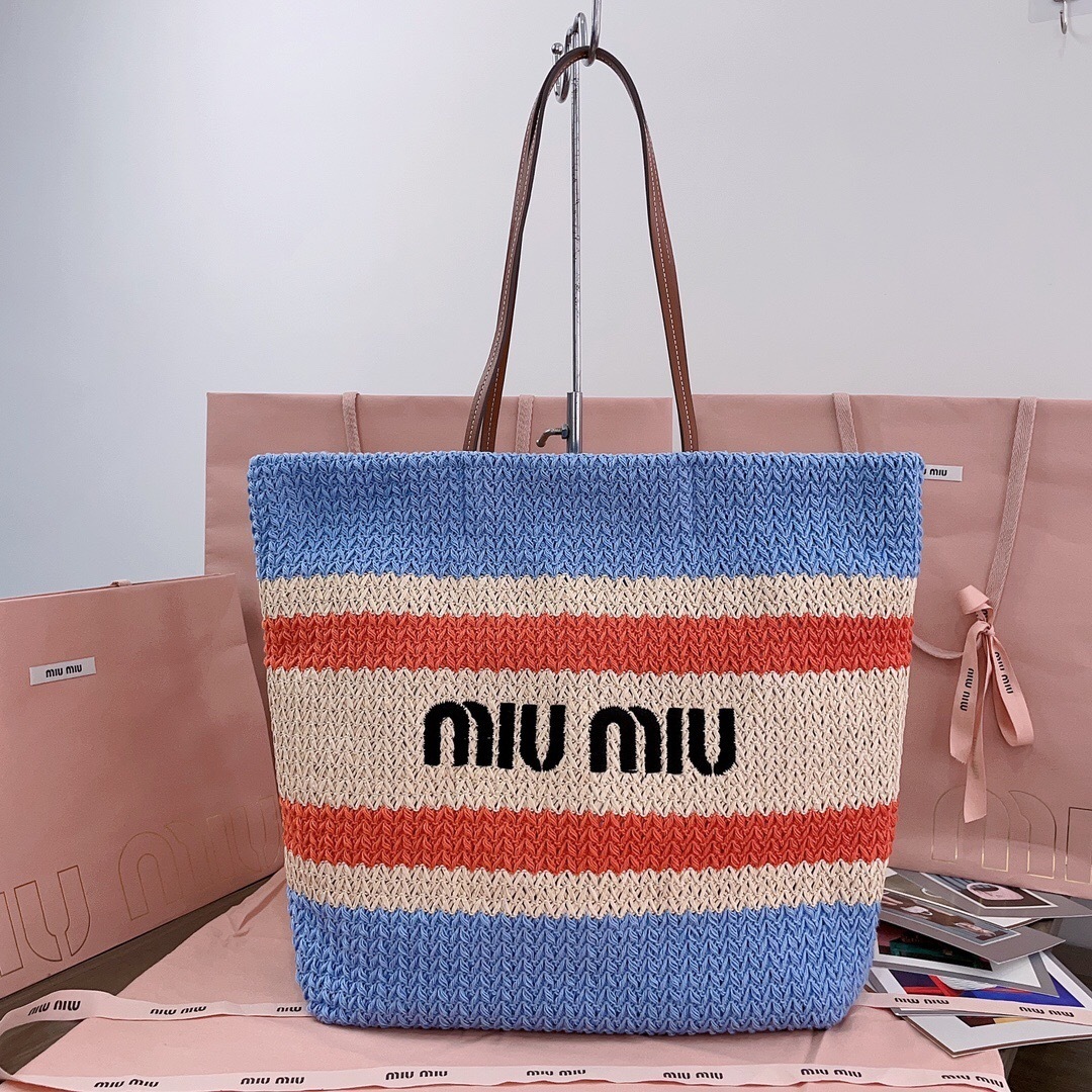 Miu Miu striped crochet tote bag with leather trim