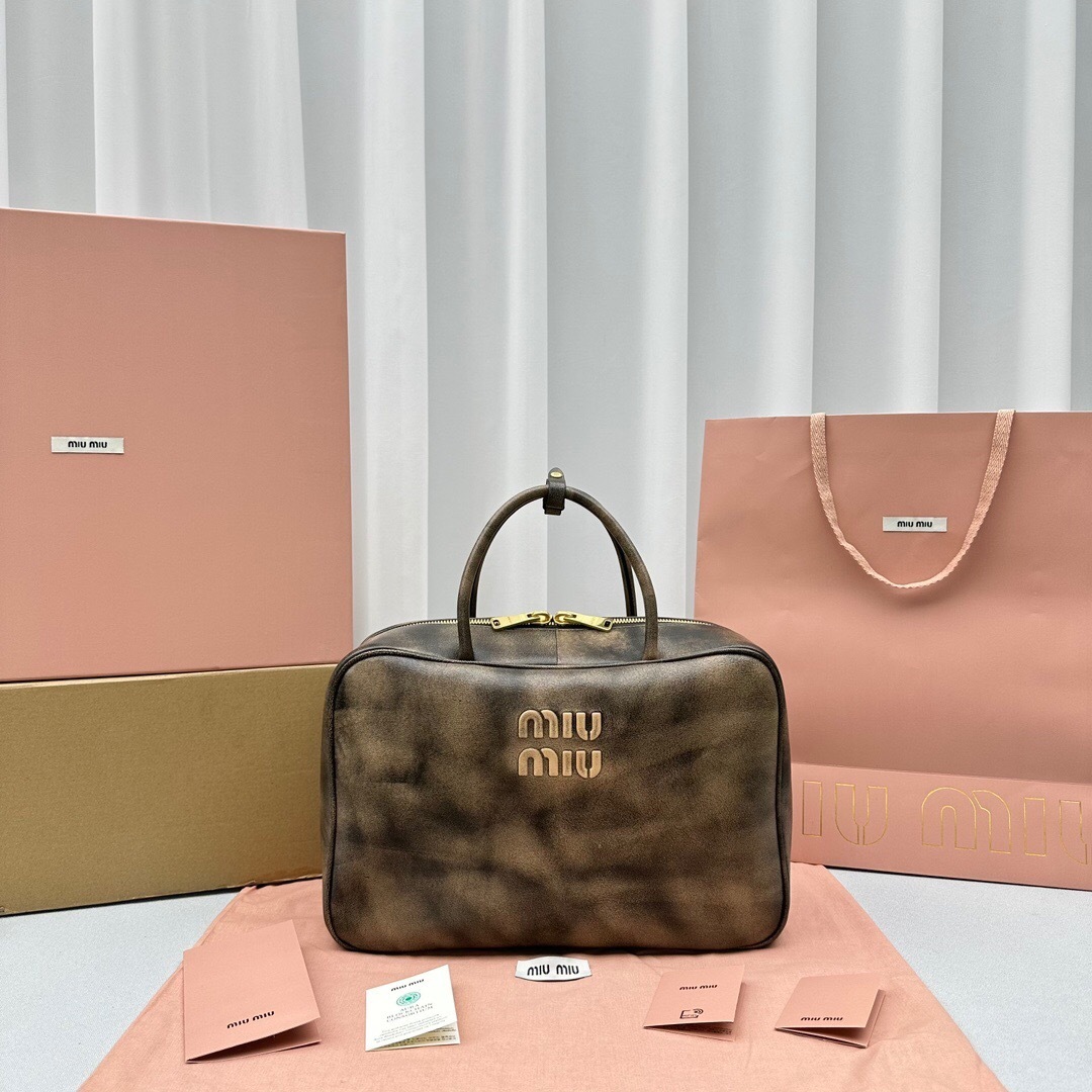 Miu Miu Beau Vintage Effect Nappa Leather Large Bag in coffee brown