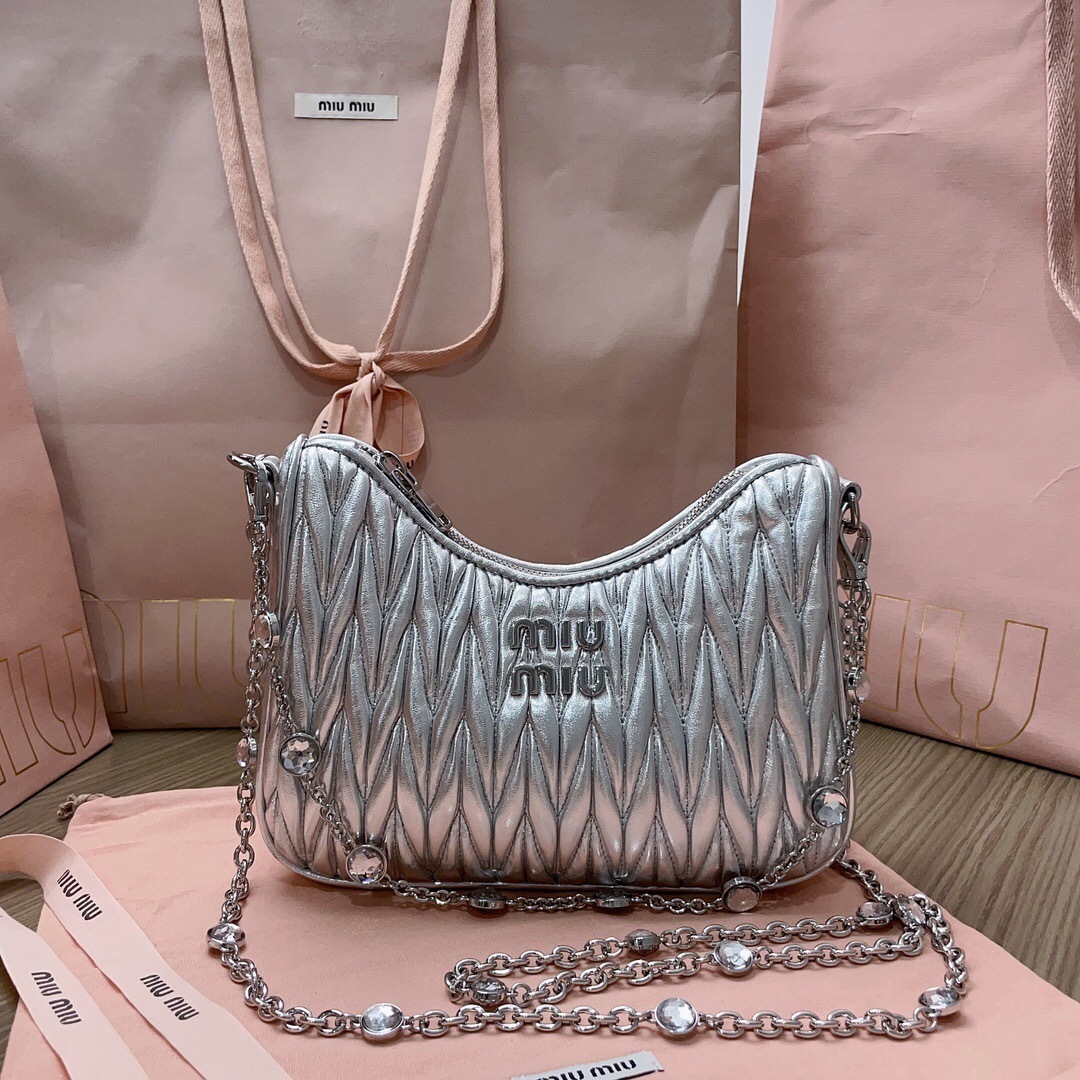 Miu Miu Matelassé Nappa Leather Shoulder Bag in silver