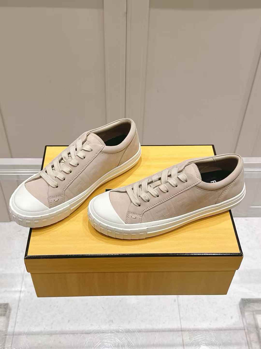 Fendi Domino beige nubuck leather low-top sneakers
