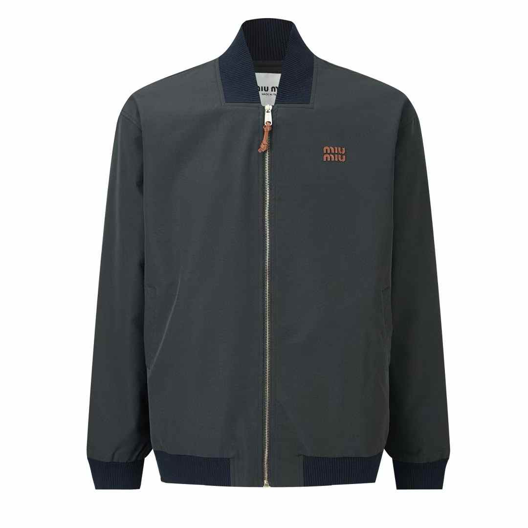 Miu Miu logo-patches bomber jacket in navy blue recycled polyester