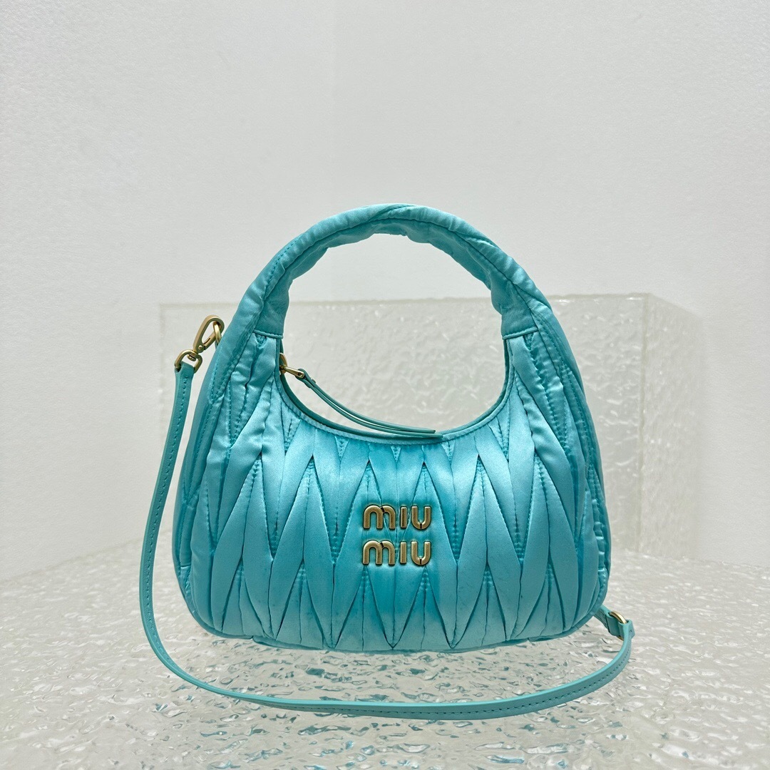Miu Miu Wander matelassé satin hobo bag light blue