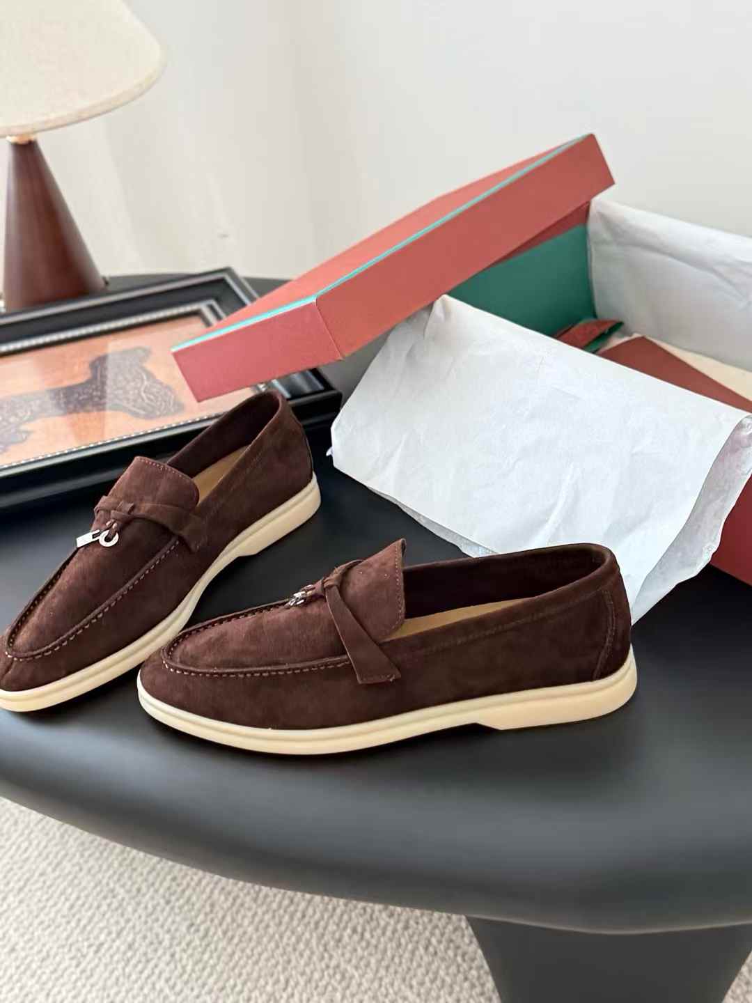 Loro Piana Summer Charms Walk Loafers dark brown suede