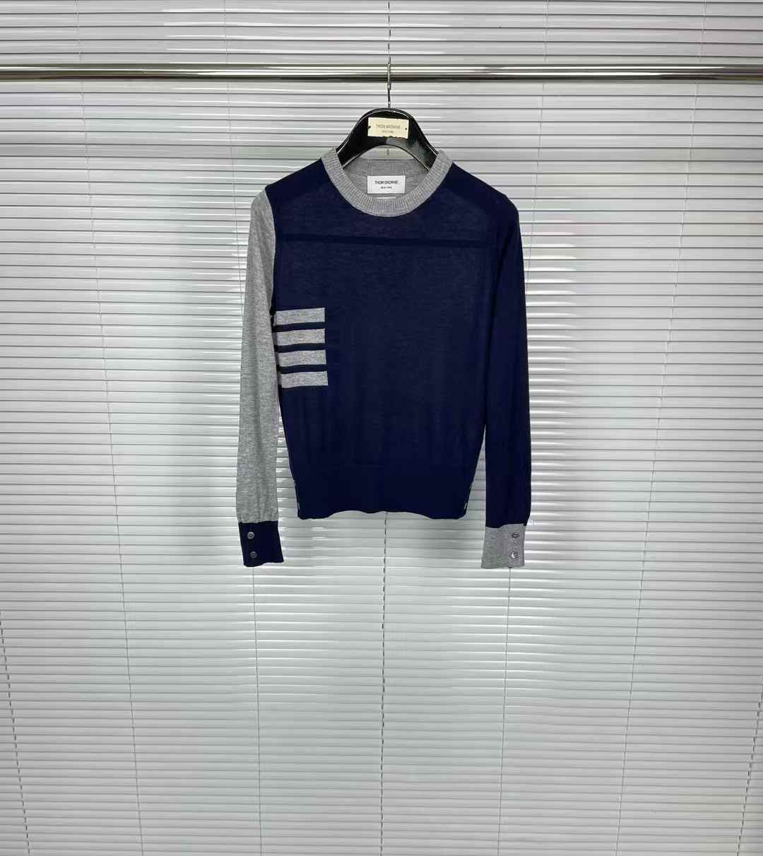 Thom Browne navy and grey striped crewneck sweater