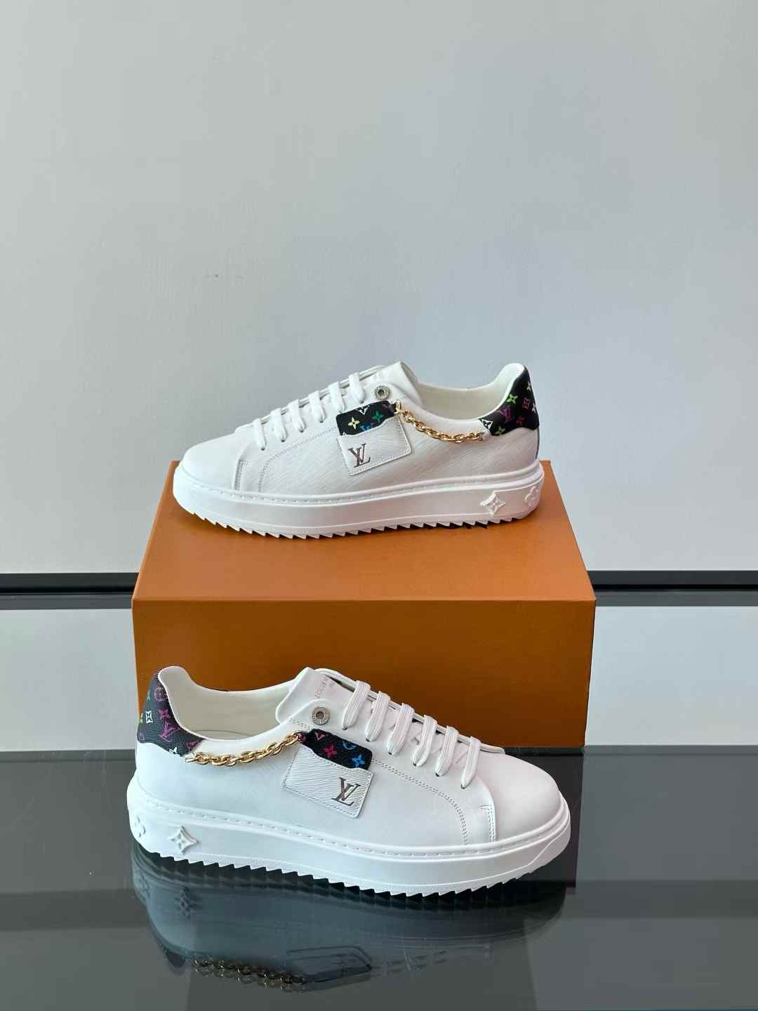 LV Time Out sneakers in white calf leather with a debossed Monogram pattern