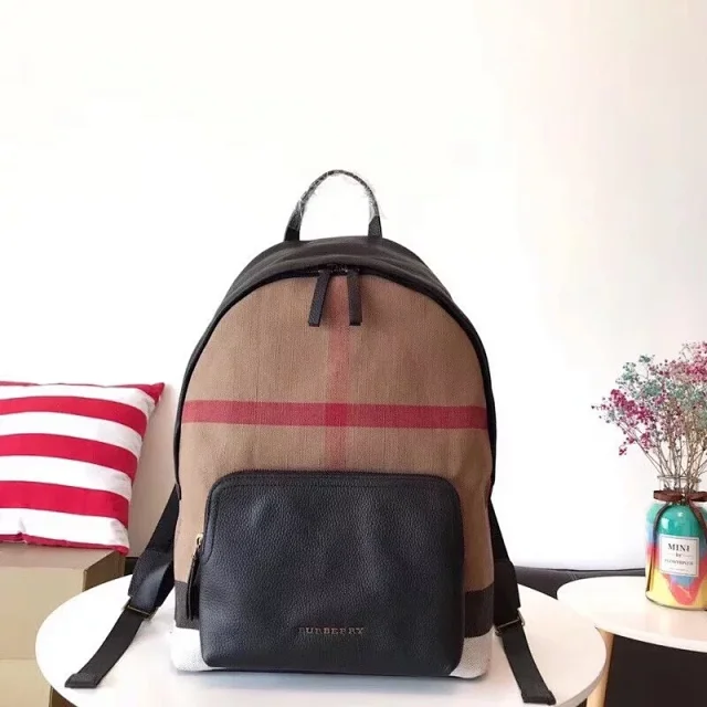 Burberry Abbeydale House Check Canvas and Leather Backpack in tan and black