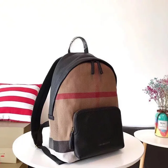 Burberry Abbeydale House Check Canvas and Leather Backpack in tan and black