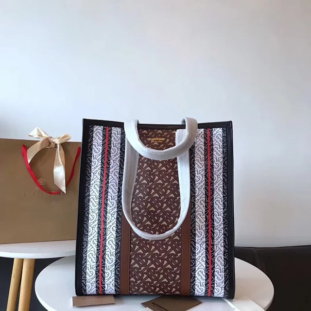 Burberry Monogram Stripe E-canvas Portrait Tote Bag