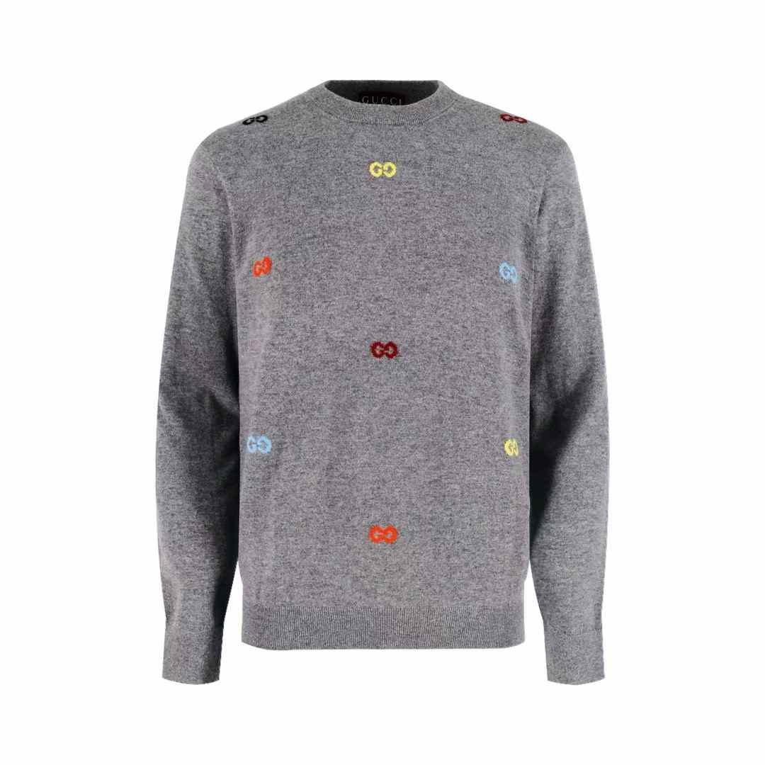 Gucci men's gray cashmere sweater an embroidered multicolor GG logo