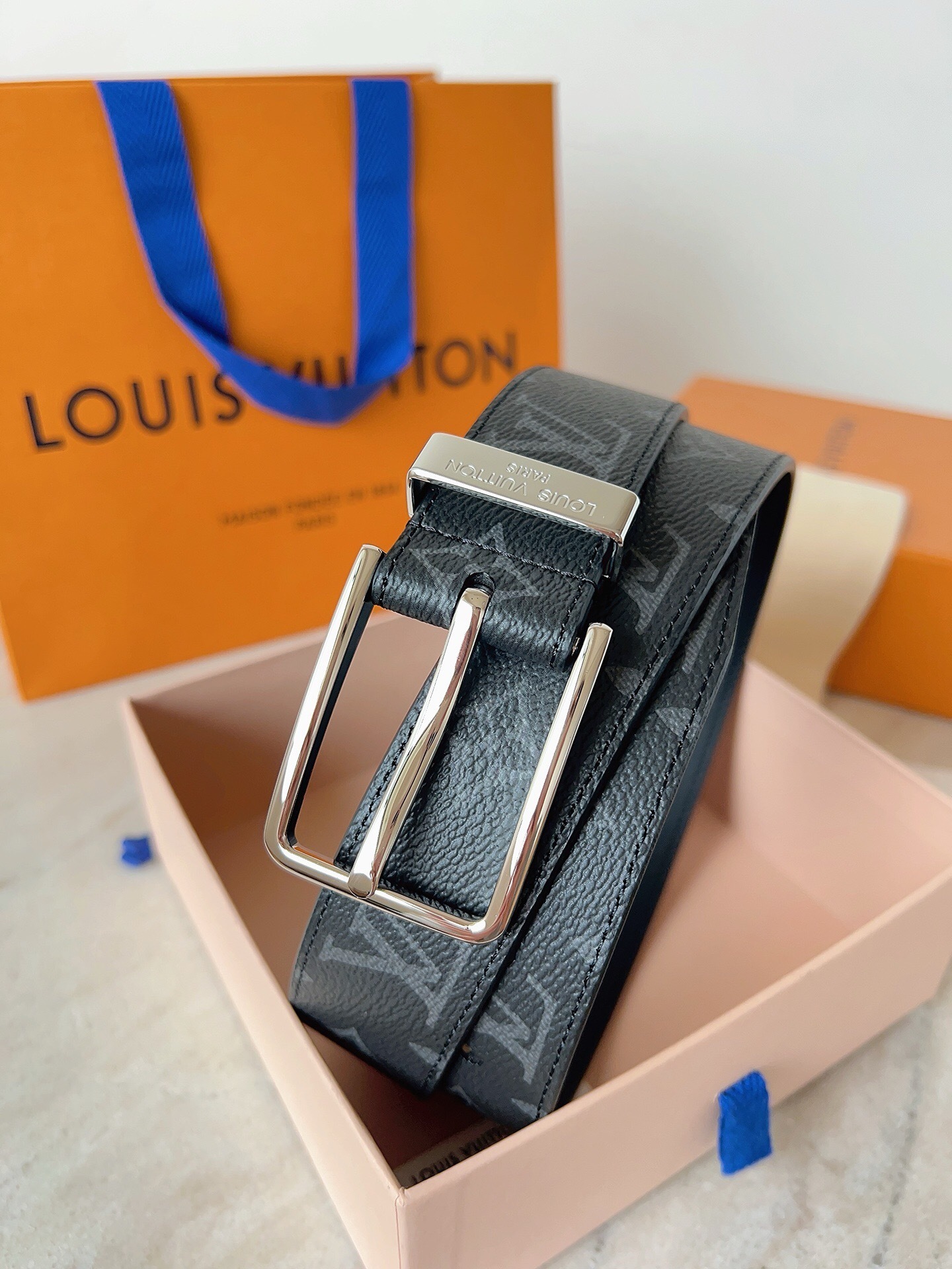 LV belt black silver-toned buckle