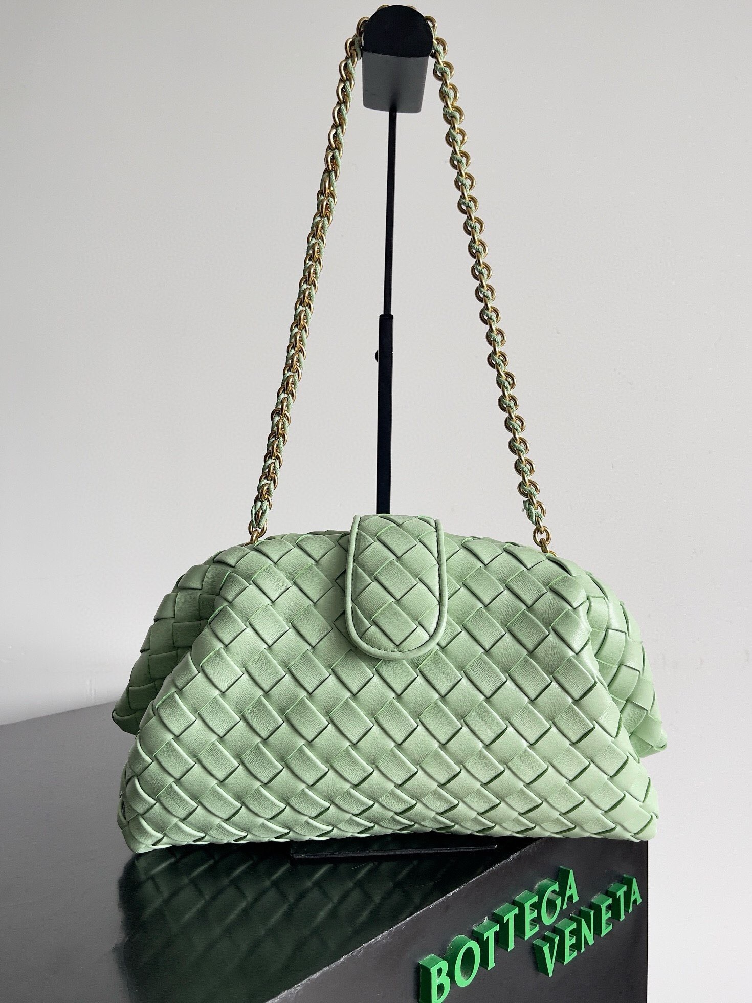 Bottega Veneta Lauren 1980 clutch bag light green color gold chain strap