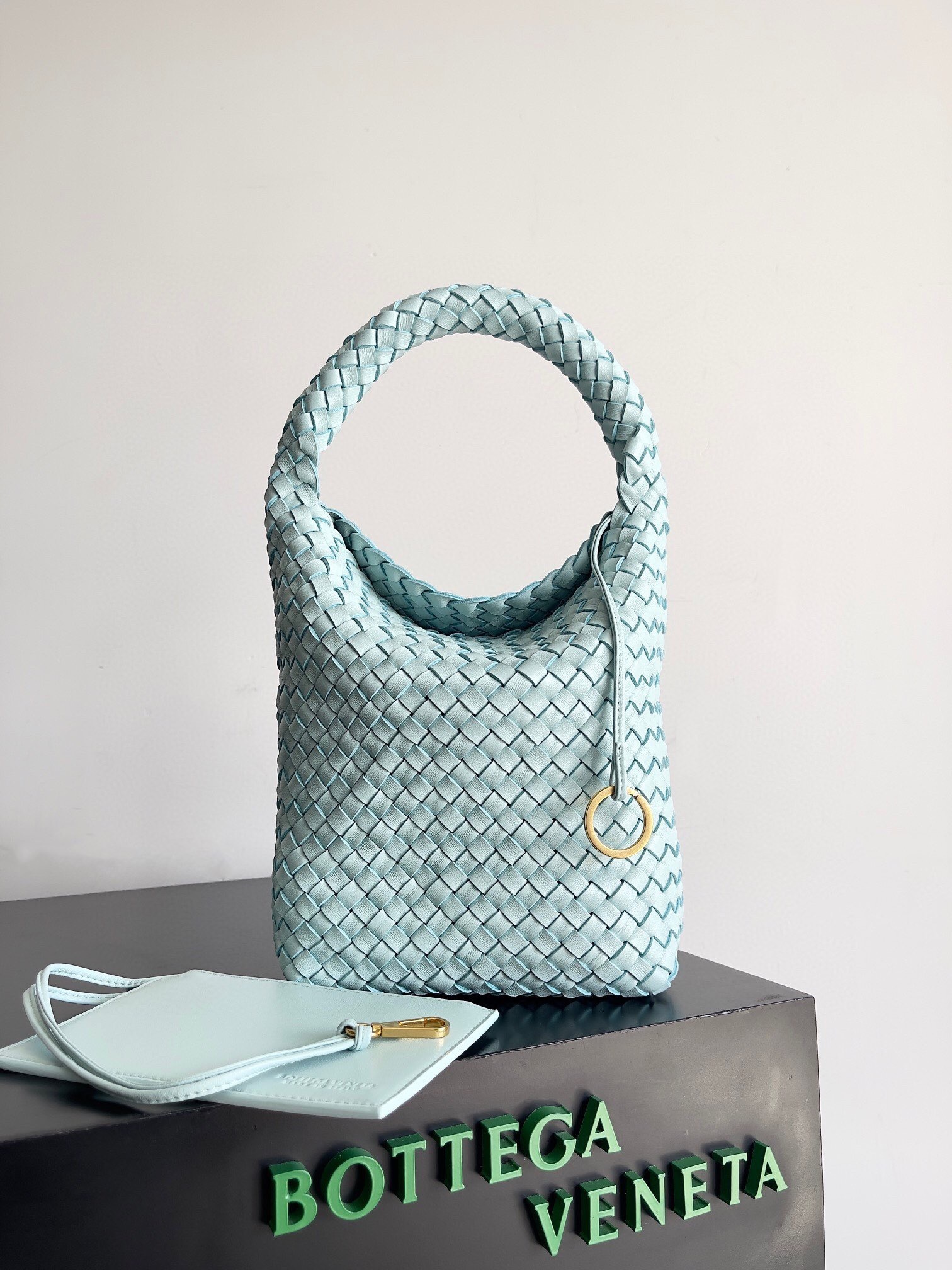 Bottega Veneta Cabat or Bucket bag with an intrecciato woven leather light blue