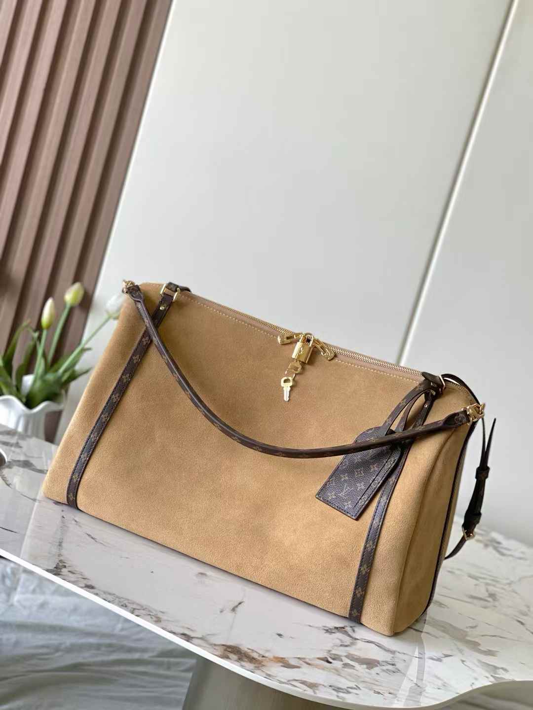 LV Express handbag in hazelnut suede with Monogram trim