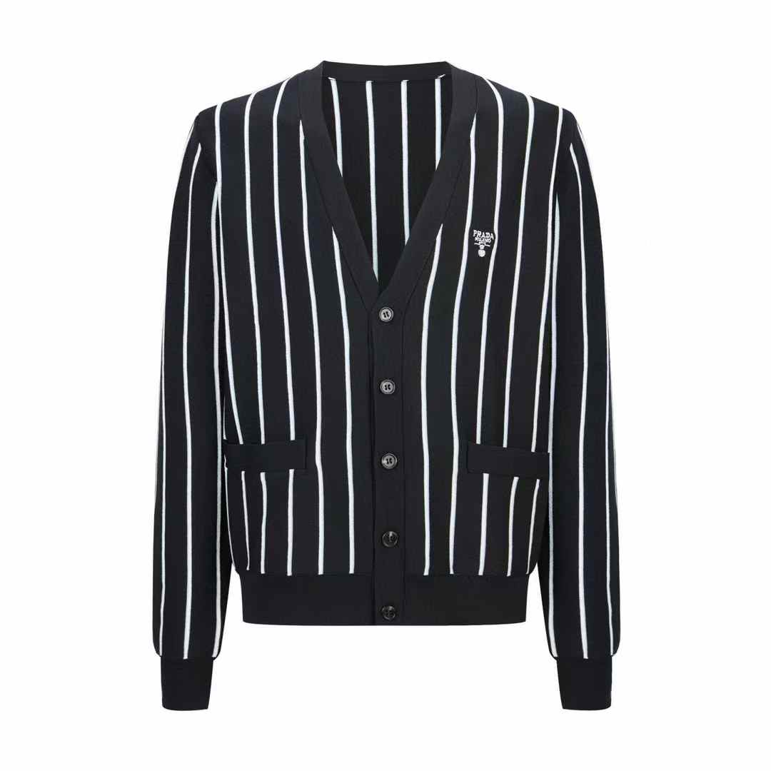 Prada Stripe Embroidered-Logo Wool Cardigan