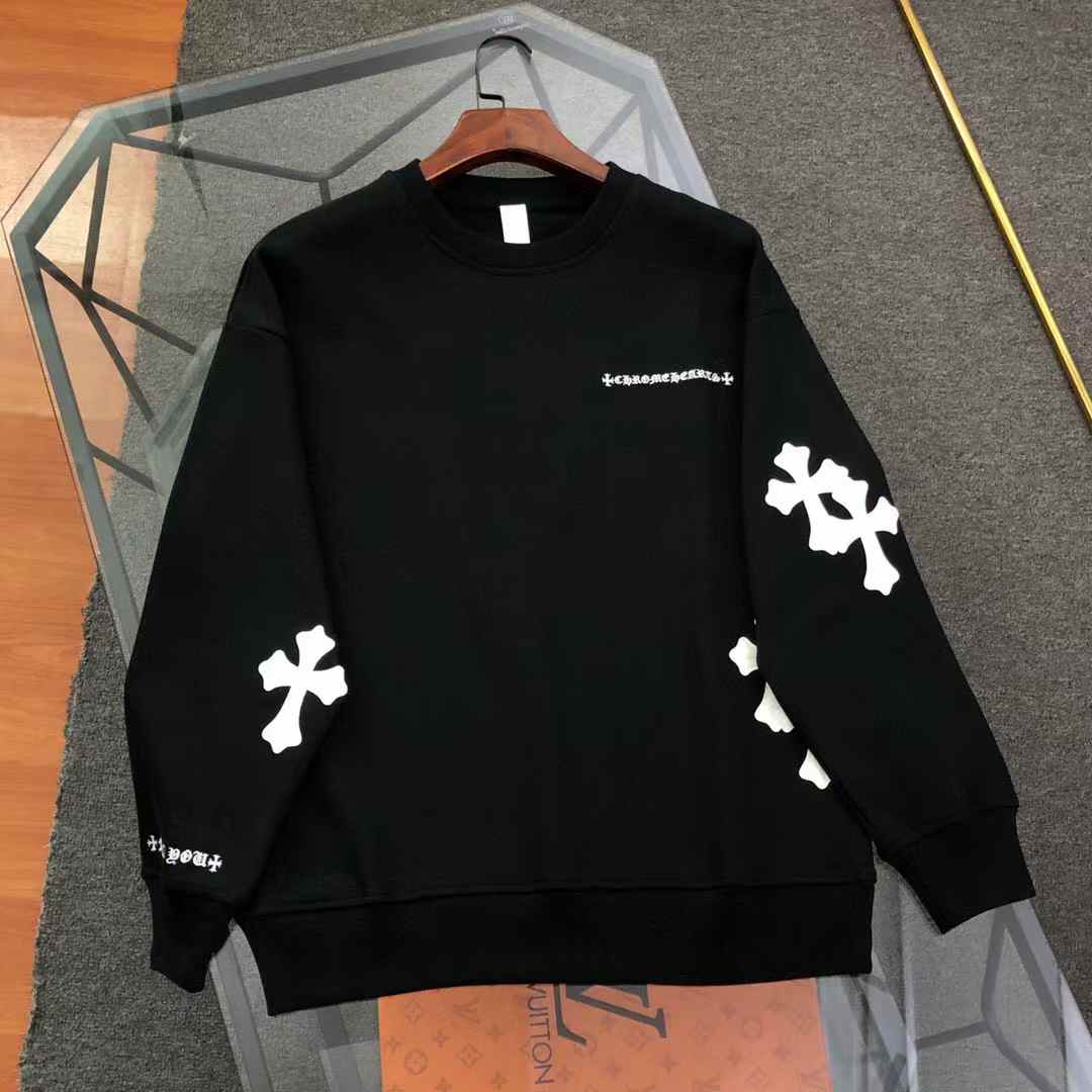 Chrome Hearts hoodie with white cross logos on the sleeves and text on the chest