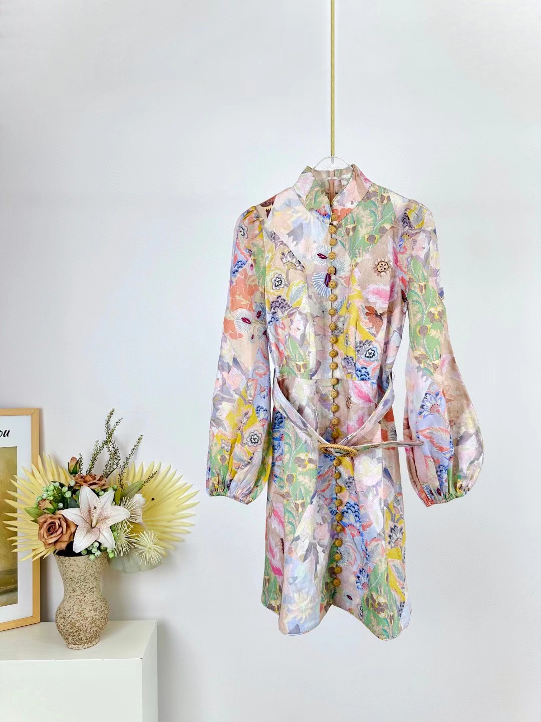 Zimmermann Illustration Belted Mini Dress in Multi Floral Diamond