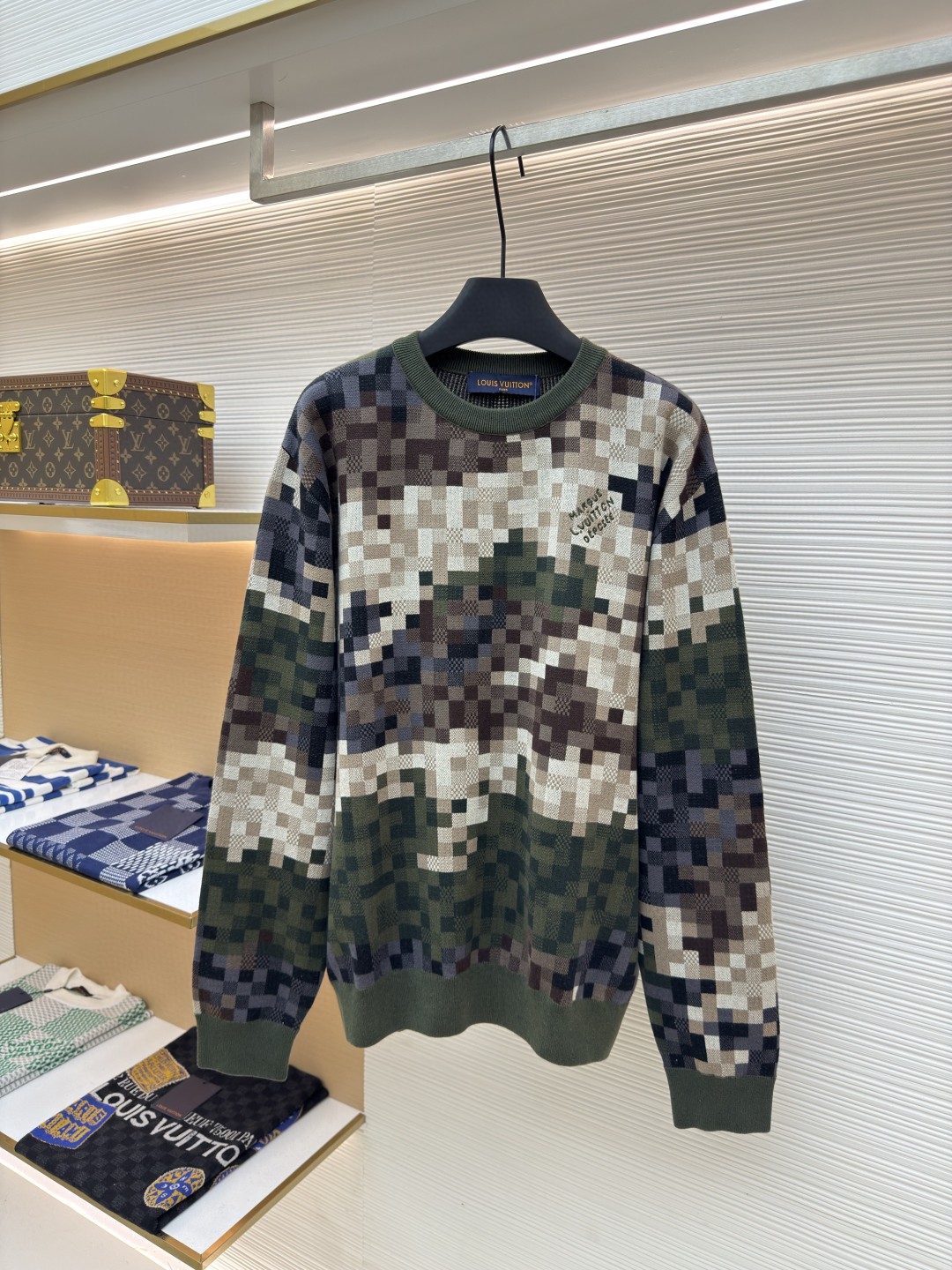 LV Damier Cotton Jacquard Pullover with a pixelated damoflage pattern