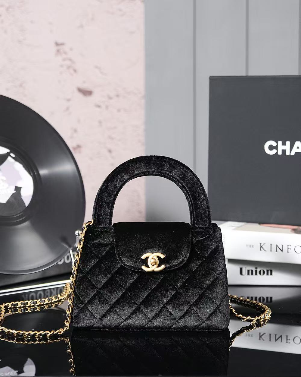 Chanel Nano Kelly/Shopper bag in black velvet with aged gold hardware