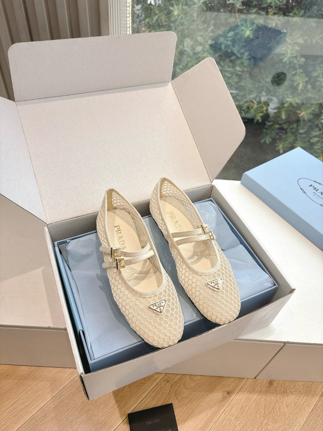 Prada Women's Beige Front Strap Ballerina Flats