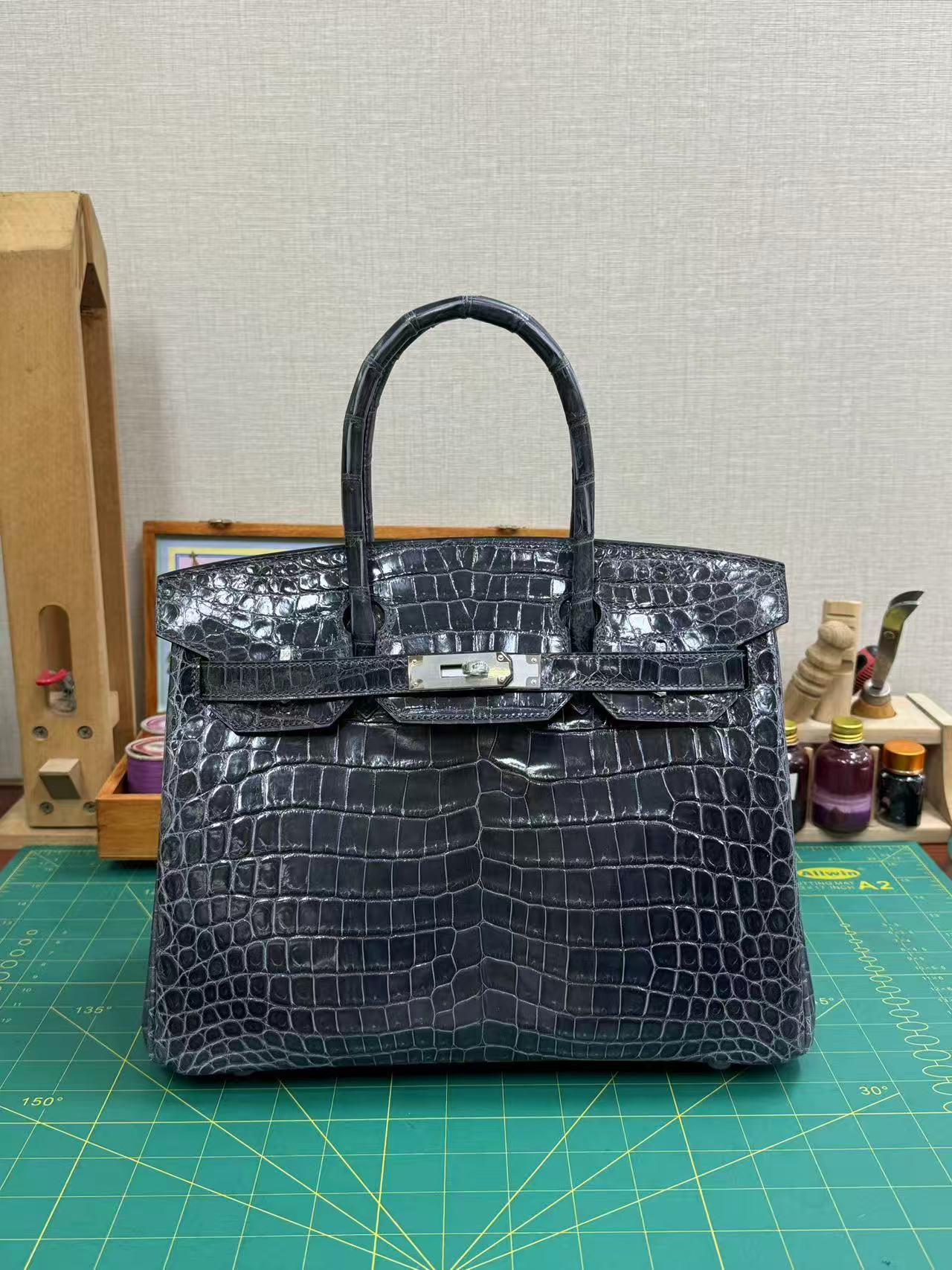 Hermes Birkin bag handmade croco leather blue nuit