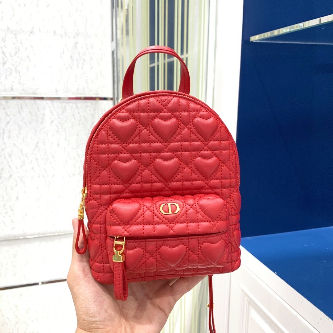 Dior Lambskin Cannage Dioramour Mini Backpack bright red heart motif