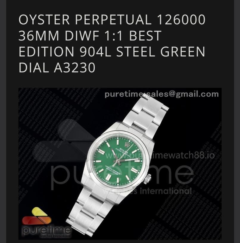 OYSTER PERPETUAL 126000 36MM DIWF 1:1 BEST EDITION 904L STEEL GREEN DIAL A3230 $288