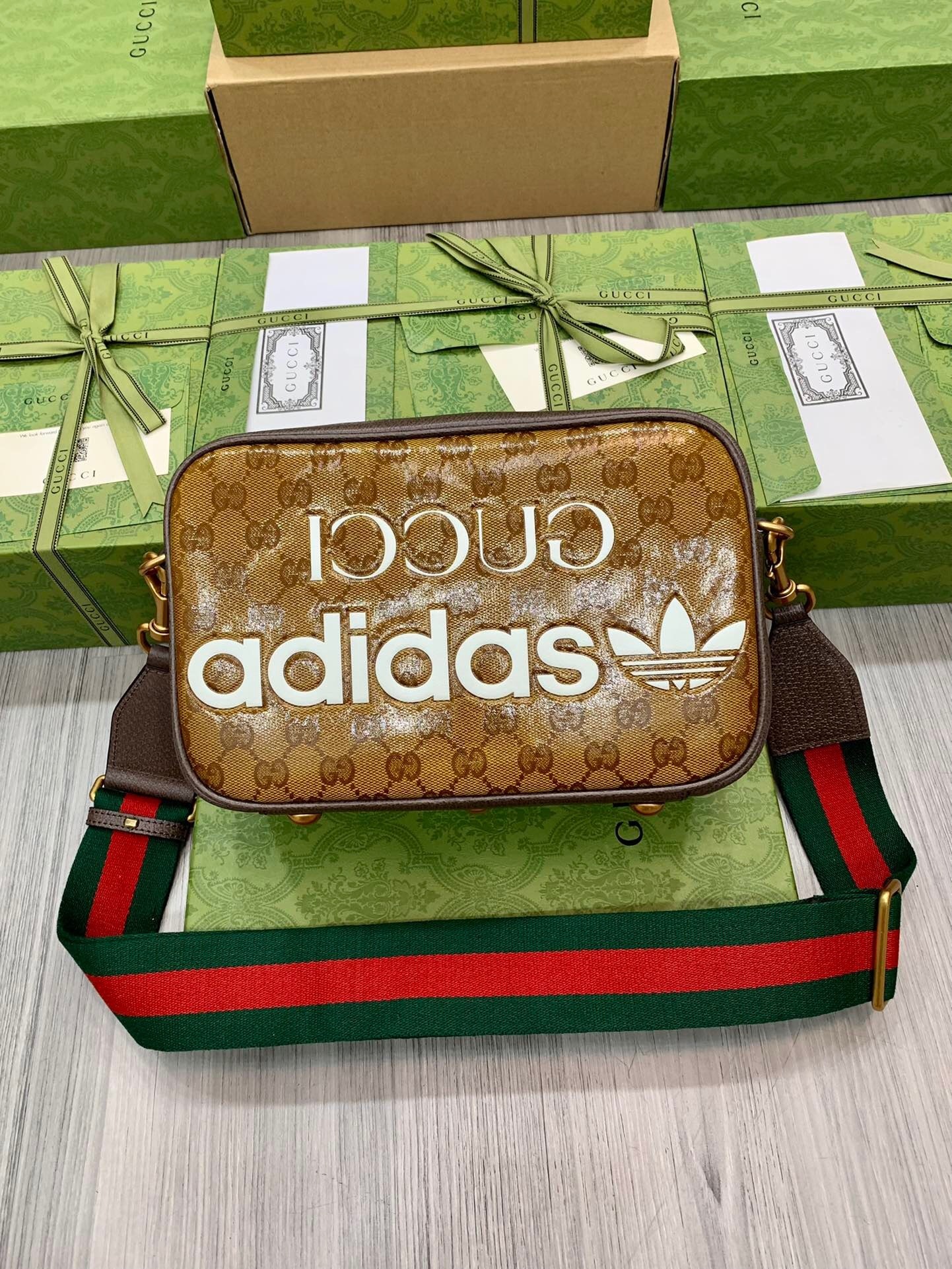 Gucci x adidas Small Shoulder Bag in beige and brown leather