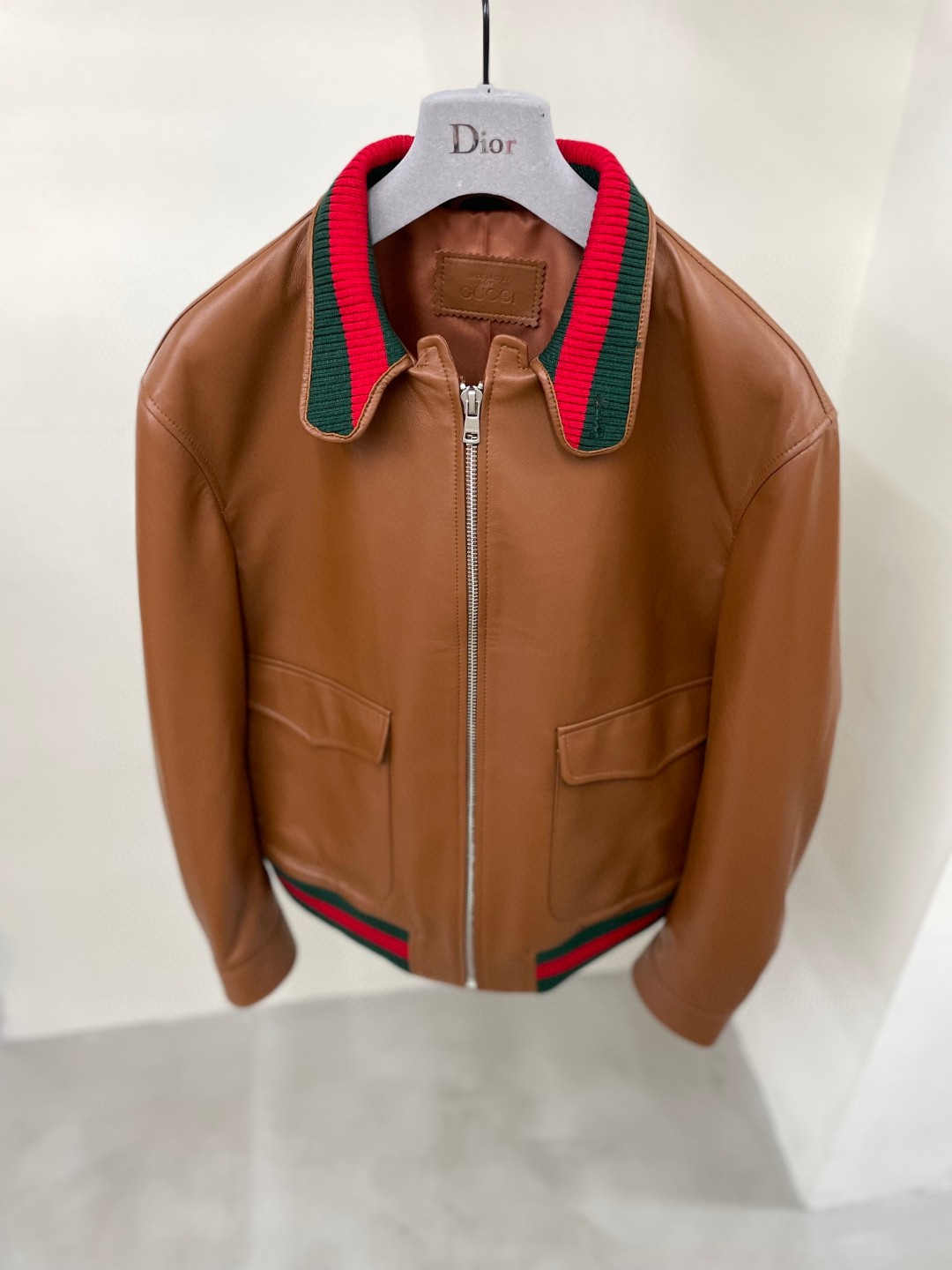 Gucci brown leather bomber jacket with green and red Web rib-knit detailing