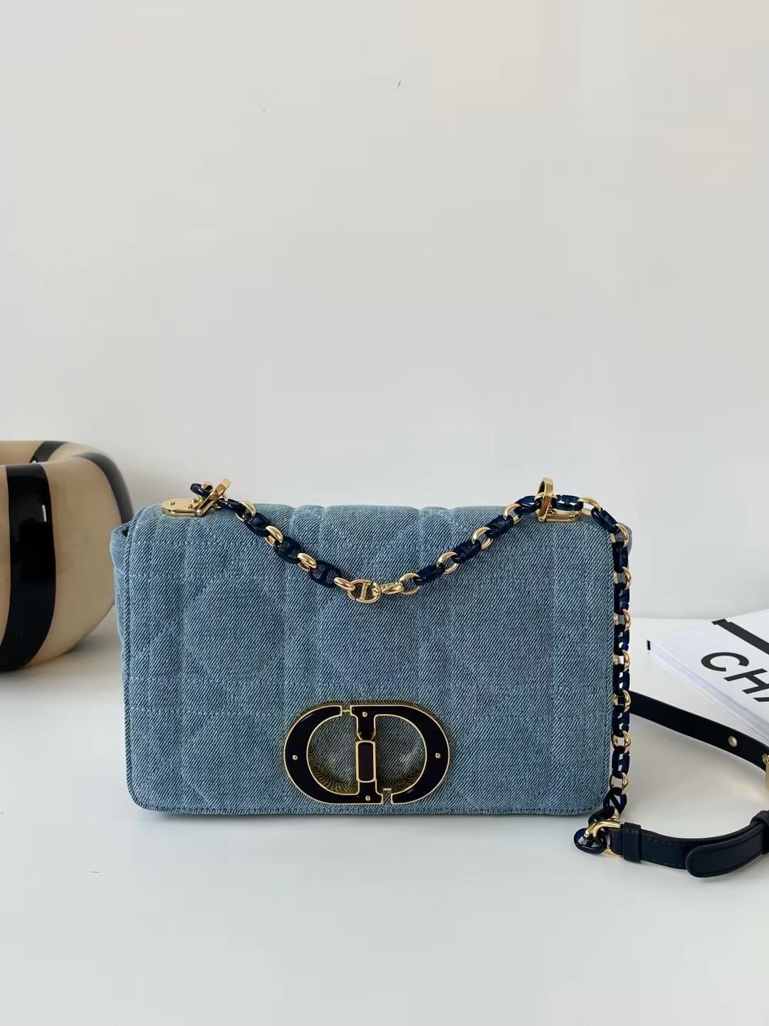 Dior Miss Caro Mini Bag blue denim Macrocannage stitching