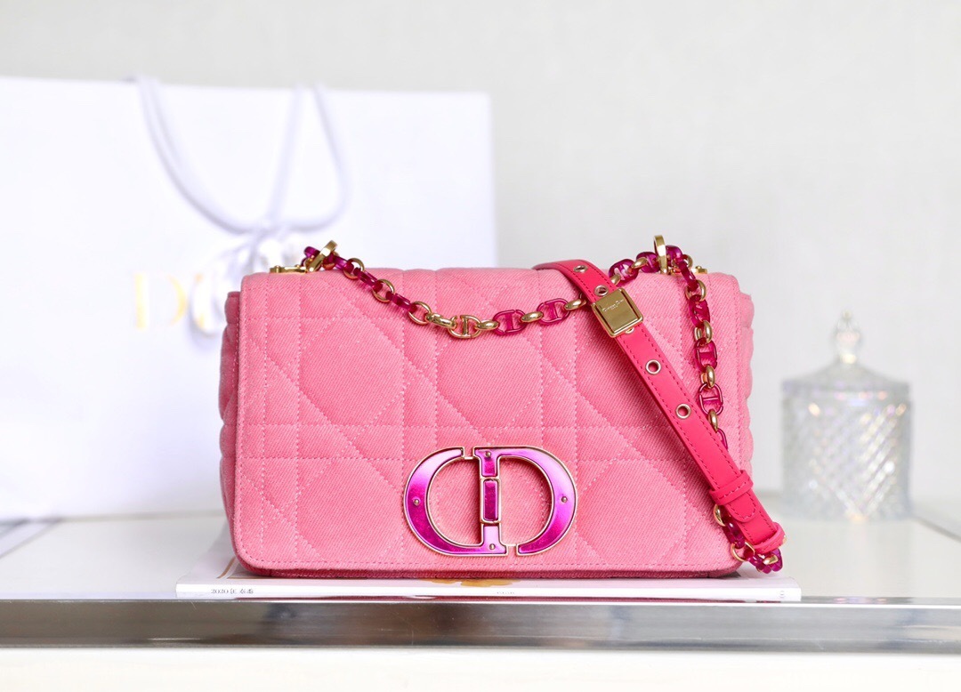Dior Caro Medium bag denim Macrocannage quilting lacquered metal "CD" logo pink
