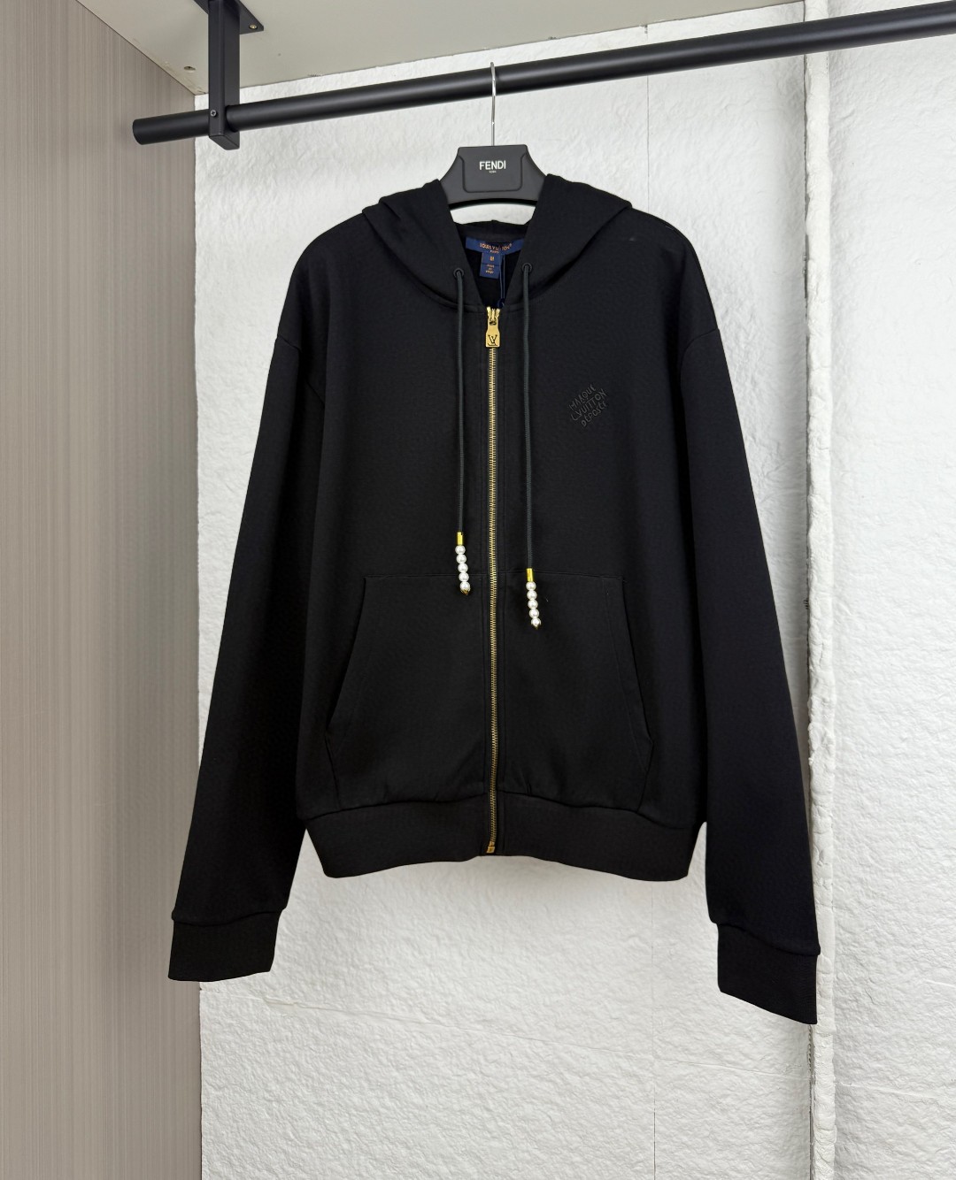 LV Embroidered Zipped Jersey Hoodie in black