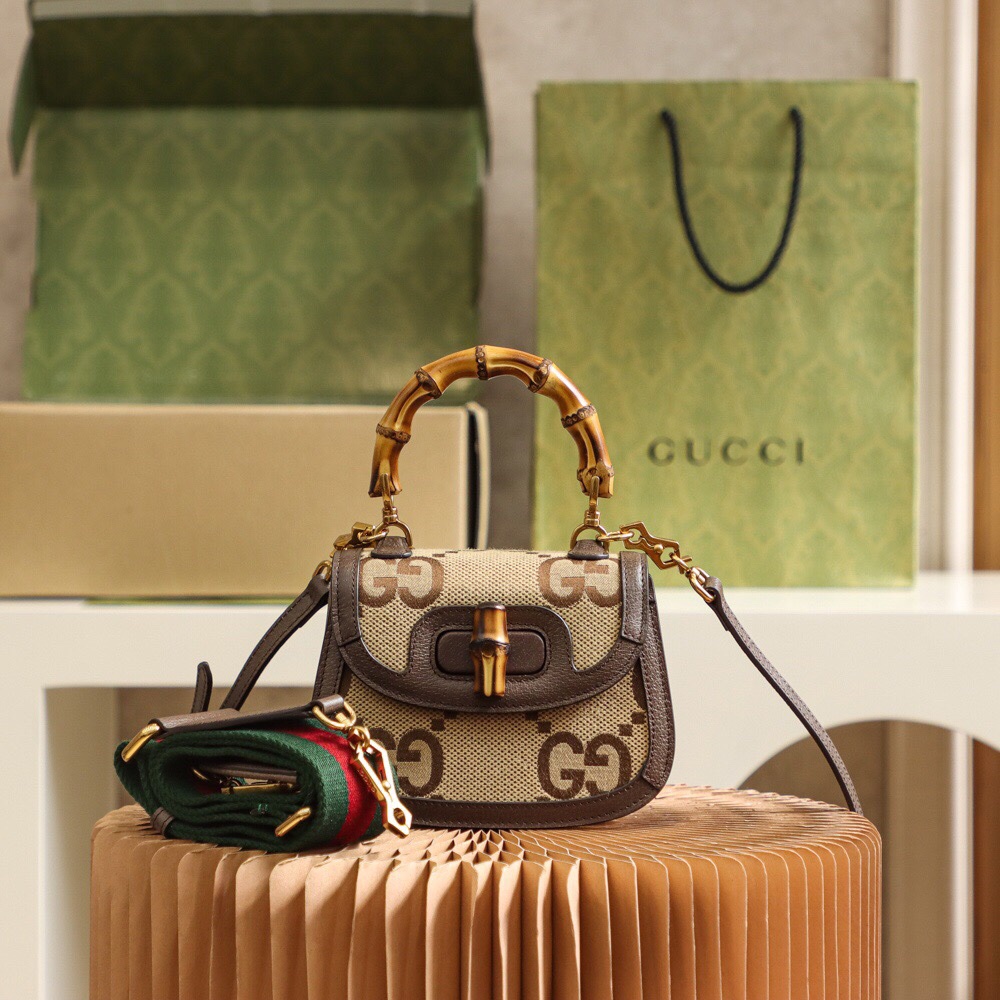 Gucci Bamboo 1947 Jumbo Mini Top Handle bag brown and beige canvas and leather