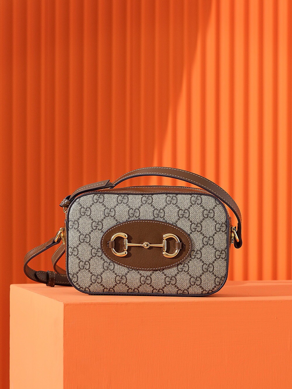 Gucci Horsebit 1955 Small Shoulder Bag beige and ebony GG Supreme canvas brown leather trim