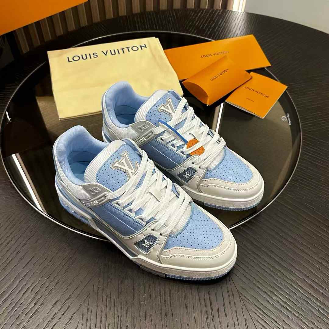 LV Trainer Low sneaker in white and sky blue