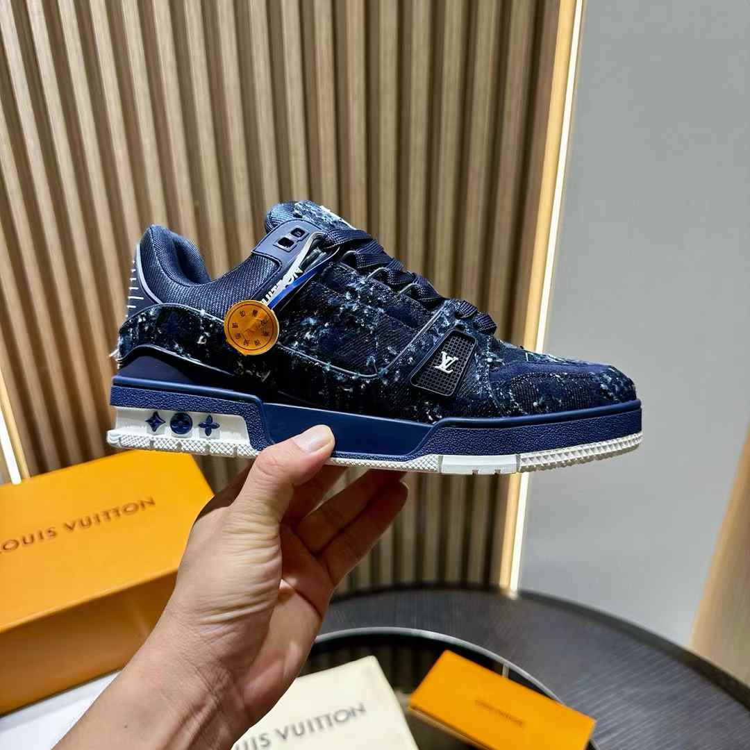 LV Trainer sneaker Monogram denim and Monogram-embossed grained calf leather