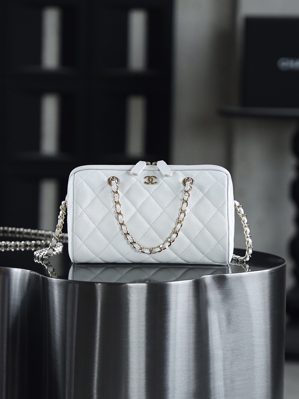 Chanel 25P Mini Bowling Bag White 14K Gold Pale HAAS Leather Size 11.5*18.5*11cm