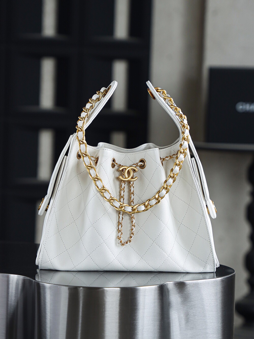 Chanel 25 Bag HoHo Small impala Leather White 24K Retro Gold Size 30*26*14cm