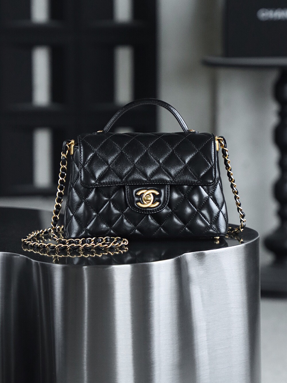 Chanel AS5355 small flap bag with a top handle black lambskin leather and gold-tone Size 14*20*5.5cm