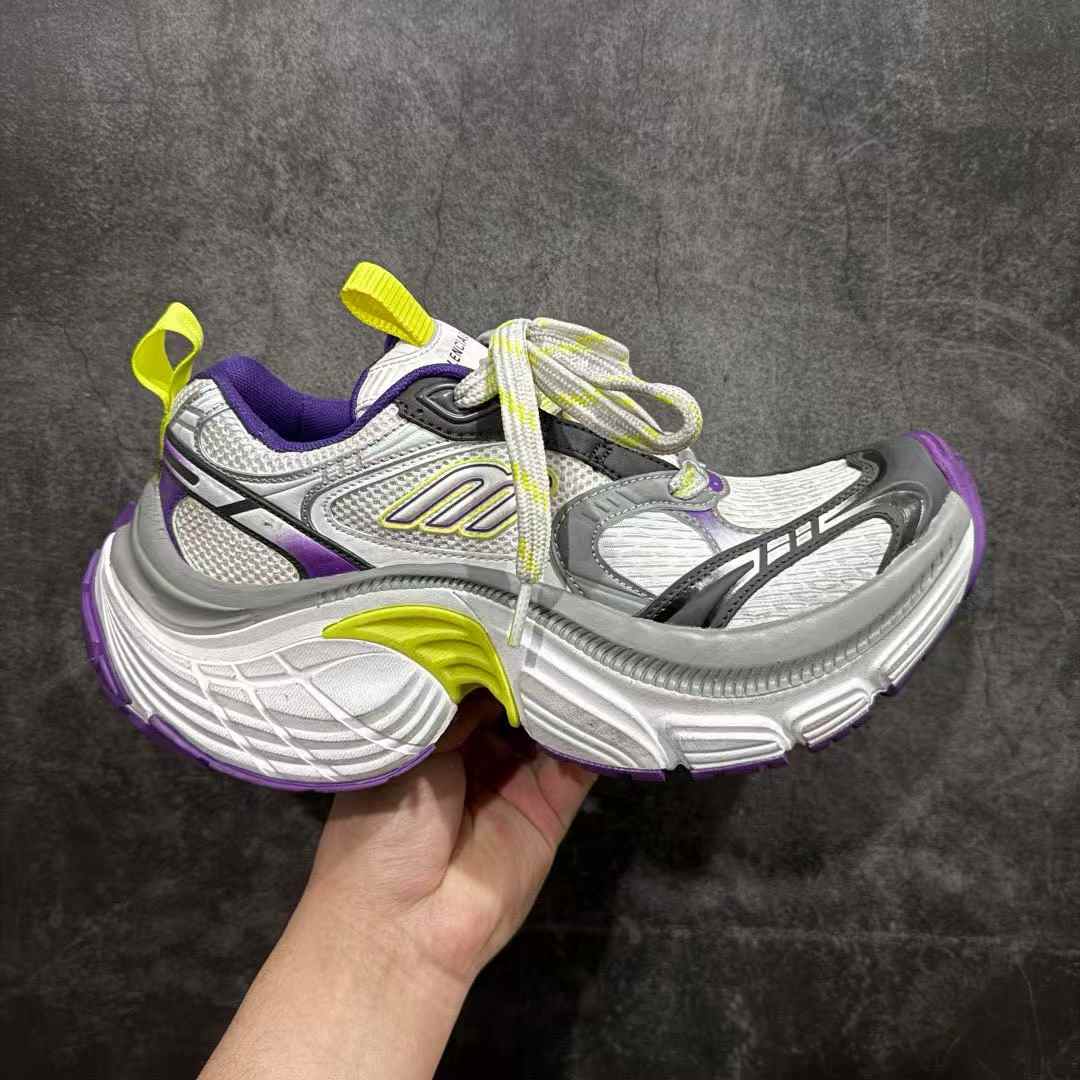 Balenciaga 10XL sneaker in a white, gray, purple, and yellow colorway with a worn-out effect