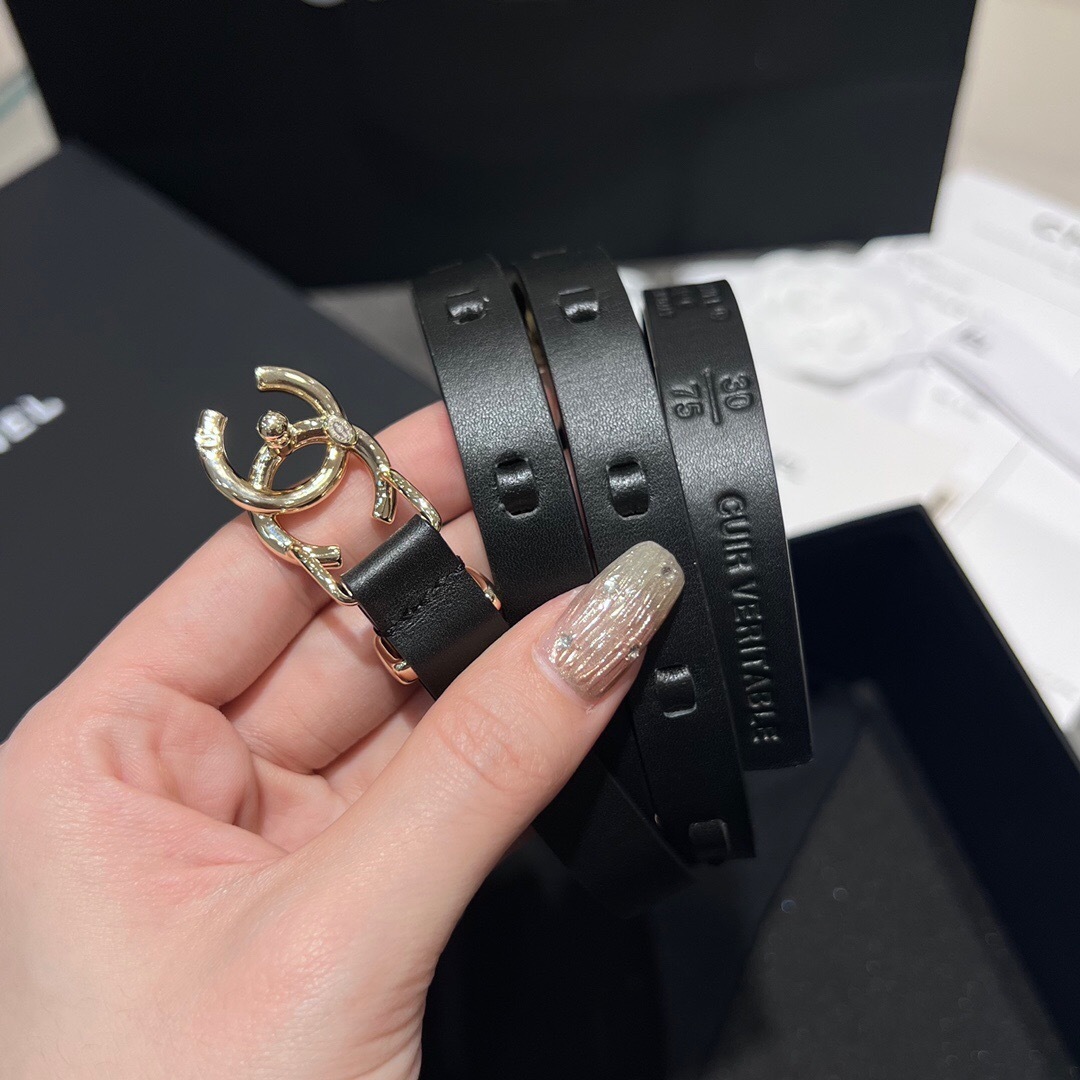 Chanel leather belt twisted gold-colored buckle Black