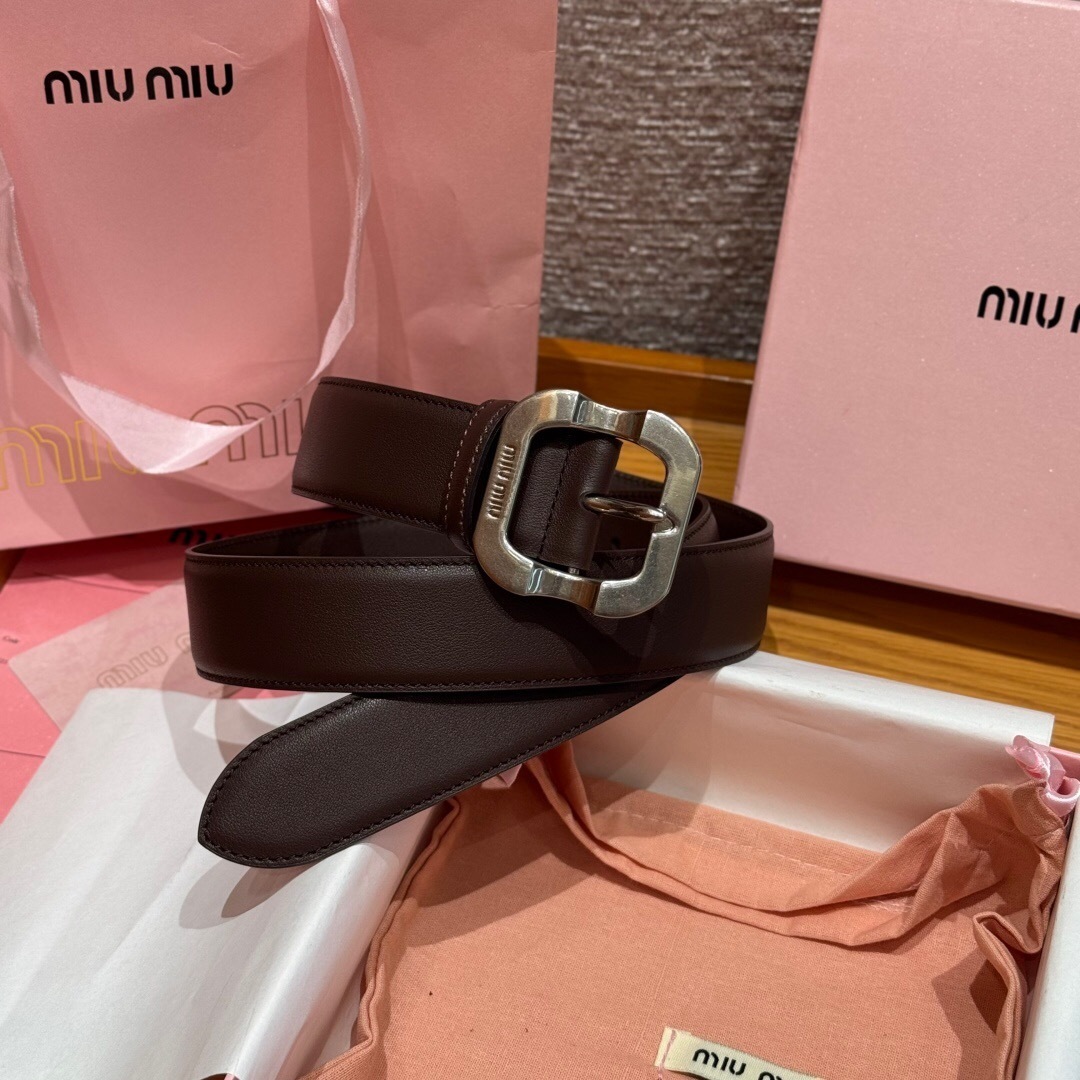 Miu Miu brown leather belt with a silver-tone buckle