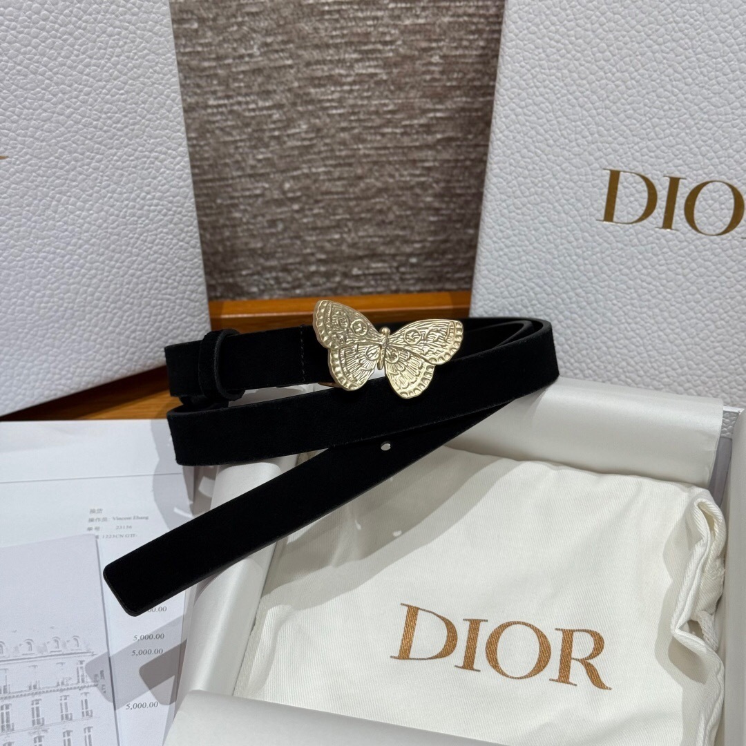 Dior Metamorphose Ultrasmooth Calfskin Leather Thin Belt with a gold-tone butterfly buckle