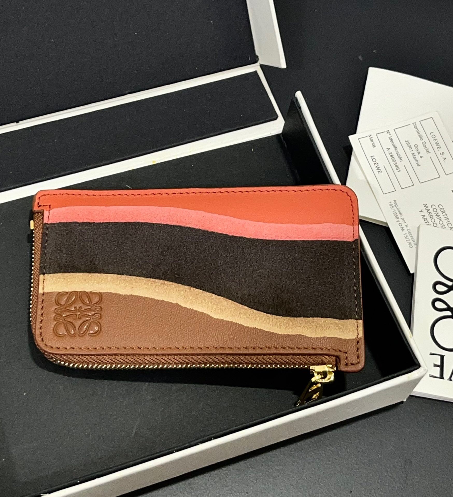 Loewe Landscape leather coin card holder in a Pecan and Parrot Pink