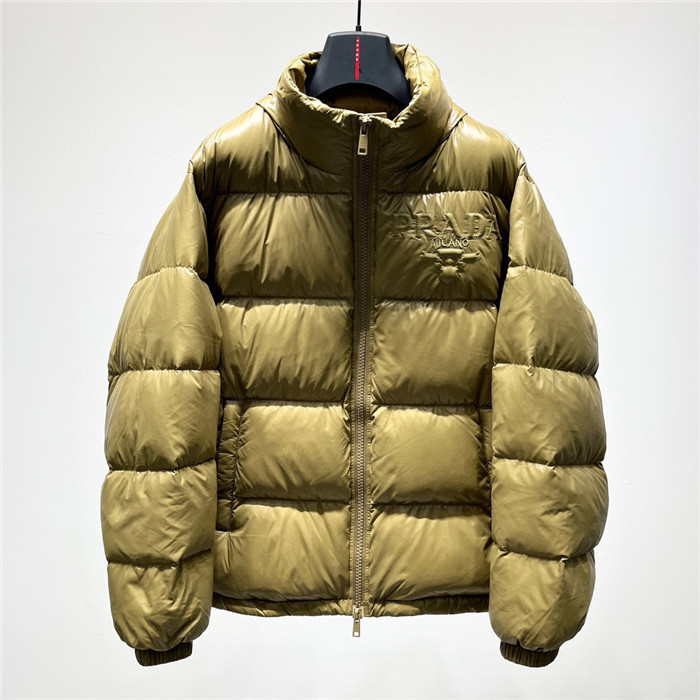 Prada men's high collar puffer quilted down jacket in a green color