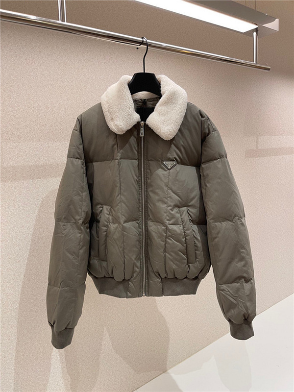 Prada Re-Nylon cropped down jacket with a white shearling collar