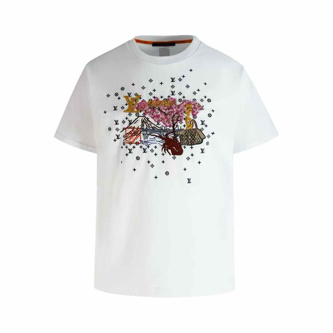 LV white t-shirt with a colorful graphic print