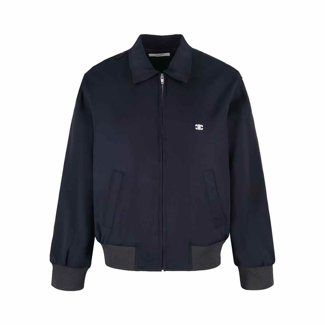 Celine Triomphe Blouson Jacket in navy nylon-twill or wool-blend