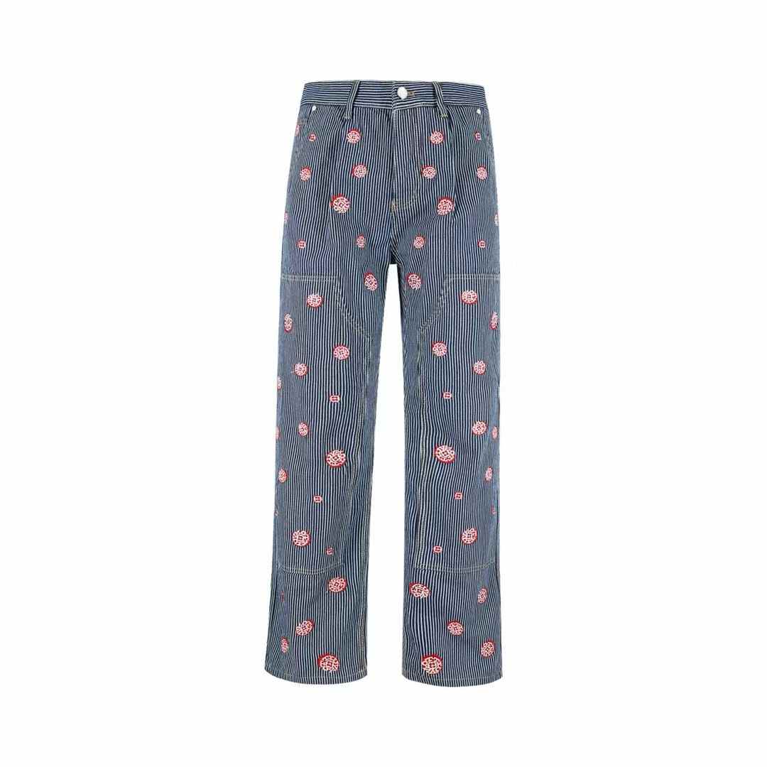 LV Signature Pants With Embroidery in a blue hickory stripe pattern with pink embroidered details